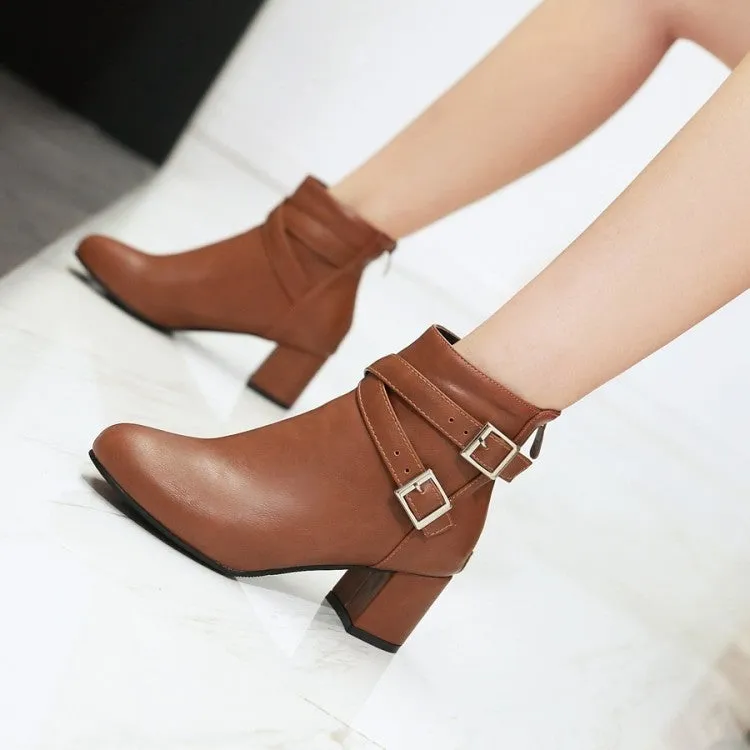 Women buckle strap back zipper solid color chunky heel short boots