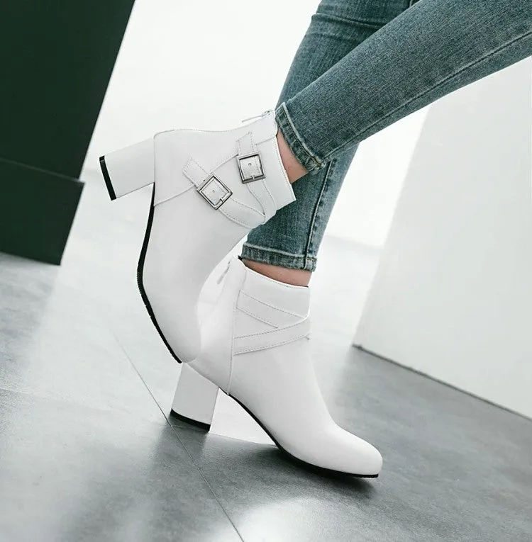 Women buckle strap back zipper solid color chunky heel short boots