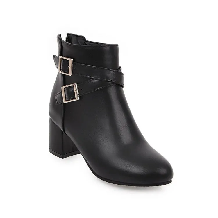 Women buckle strap back zipper solid color chunky heel short boots