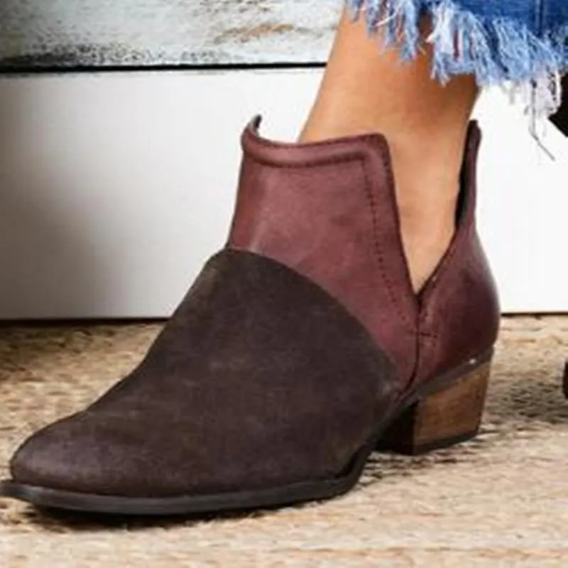 Women Retro Ankle Round Toe Hollow Out Chunky Stacked Heel Booties