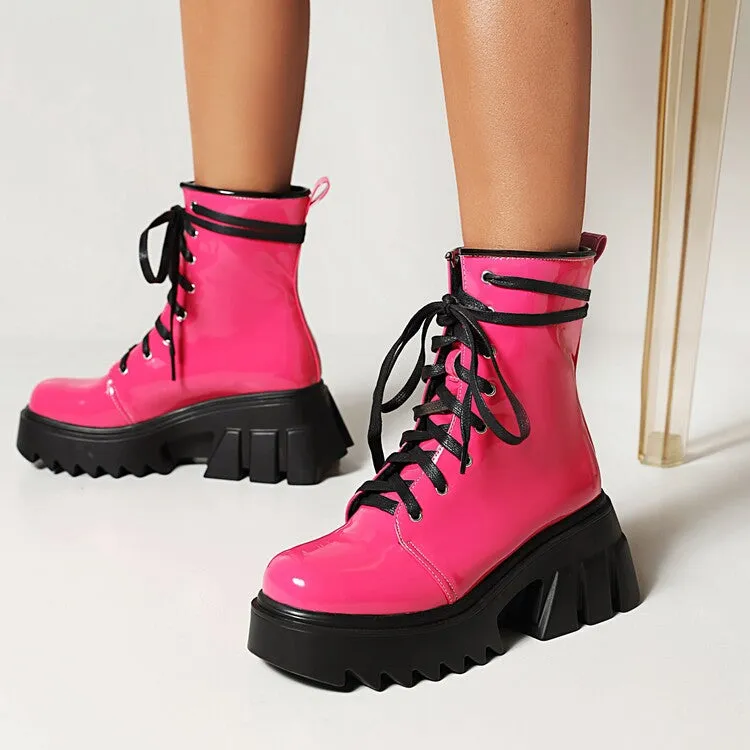 Women's Candy Color Pu Leather Round Toe Lace Up Wedge Heel Platform Ankle Boots