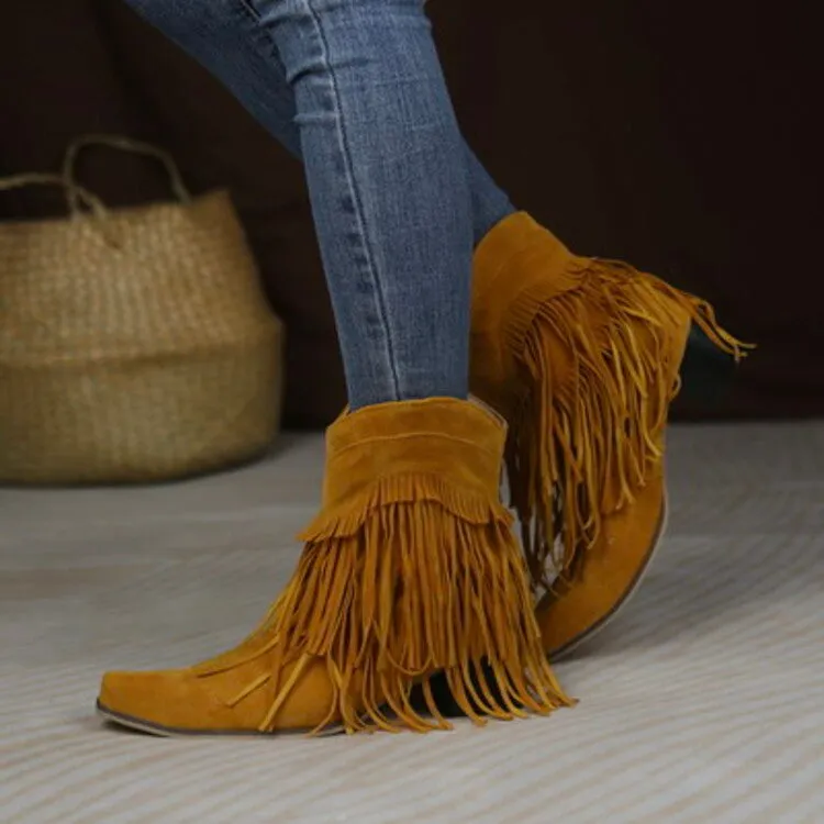 Women's Flock Pointed Toe Tassel Block Chunky Heel Cowboy Ankle Boots