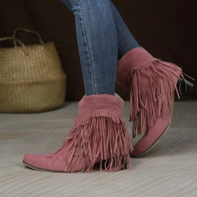 Women's Flock Pointed Toe Tassel Block Chunky Heel Cowboy Ankle Boots