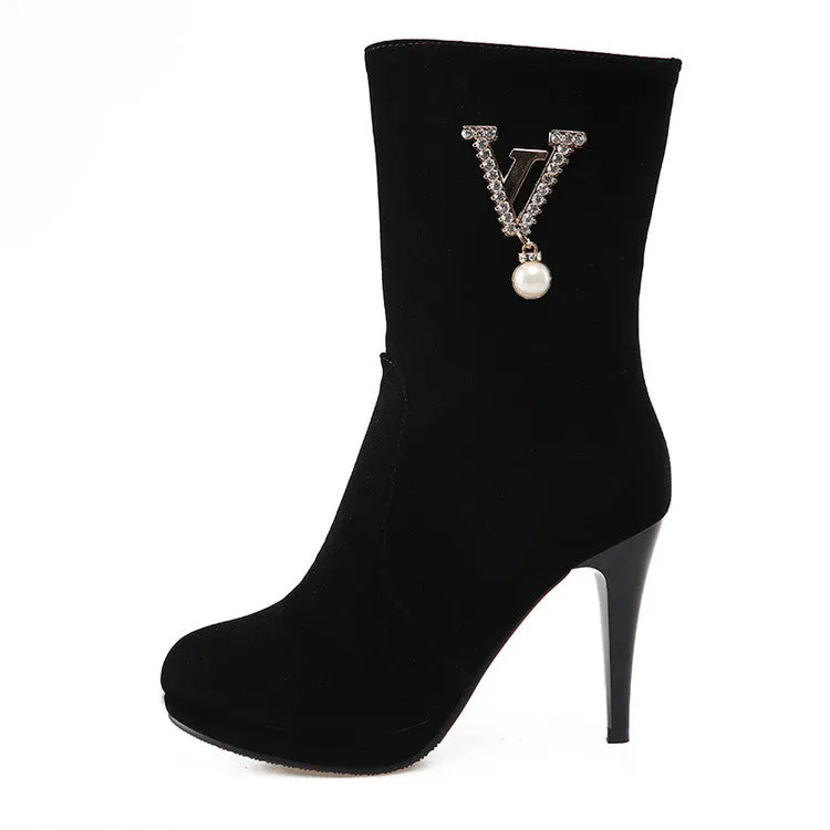 Women's Flock Round Toe Side Zippers Rhinestone Pearls Cone Heel Platform Short Boots