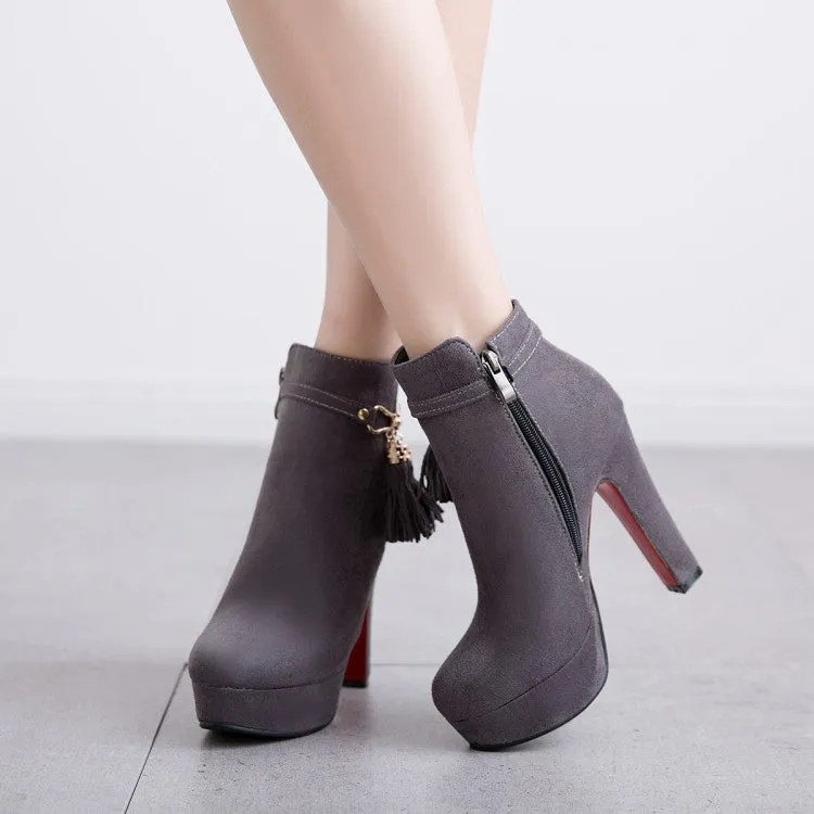 Women's Flock Round Toe Tassel Side Zippers Block Chunky Heel Platform Short Boots