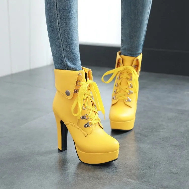 Women's Pu Leather Almond Toe Rivets Lace Up Fold Block Chunky Heel Platform Short Boots