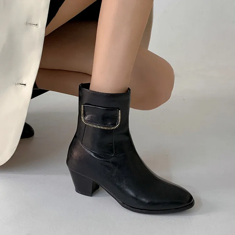 Women's Pu Leather Pointed Toe Side Zippers Pocket Block Heel Short Boots