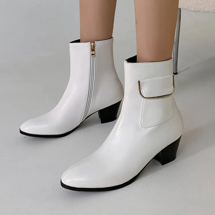 Women's Pu Leather Pointed Toe Side Zippers Pocket Block Heel Short Boots