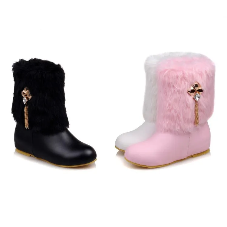 Women's Pu Leather Round Toe Furry Rhinestone Tassel Inside Heighten Ankle Boots