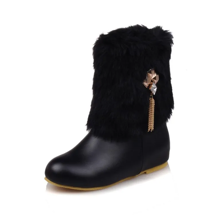 Women's Pu Leather Round Toe Furry Rhinestone Tassel Inside Heighten Ankle Boots