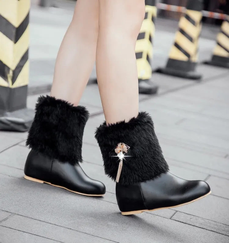 Women's Pu Leather Round Toe Furry Rhinestone Tassel Inside Heighten Ankle Boots