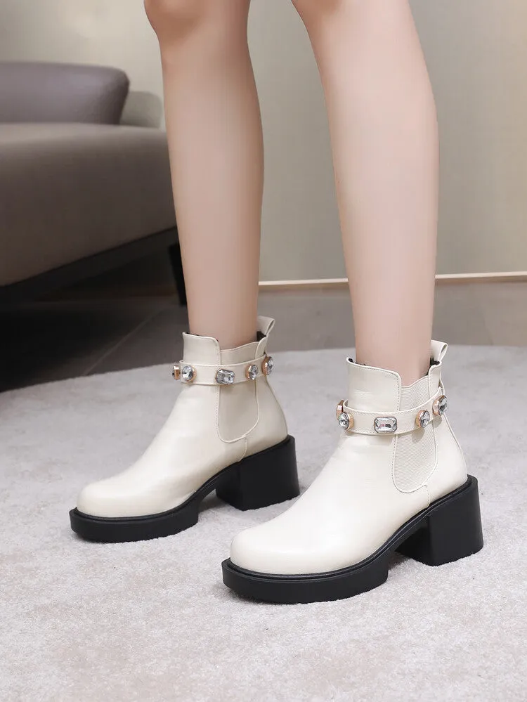 Women's Rhinestone Stretch Block Chunky Heel Platform Short Boots