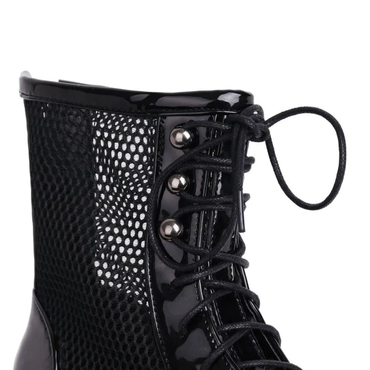 Women's Round Toe Mesh Lace-Up Block Chunky Heel Platform Short Boots