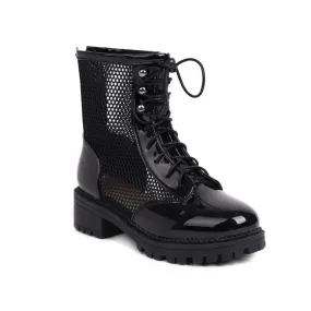 Women's Round Toe Mesh Lace-Up Block Chunky Heel Platform Short Boots