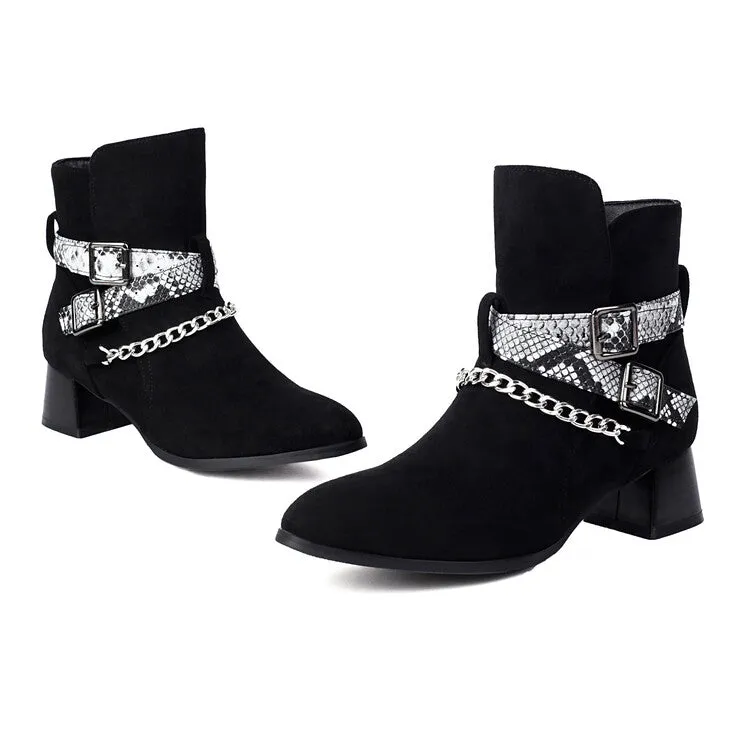 Women's Snake Pattern Chains Pointed Toe Block Heel Ankle Boots