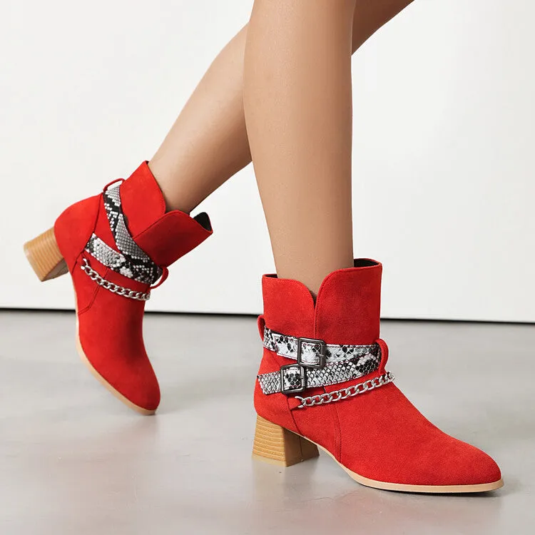 Women's Snake Pattern Chains Pointed Toe Block Heel Ankle Boots