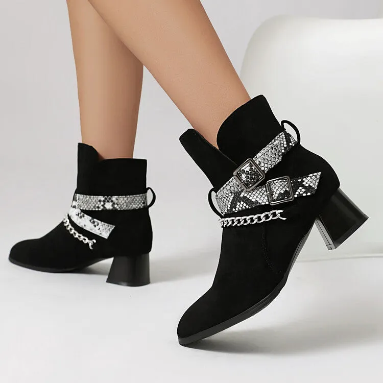 Women's Snake Pattern Chains Pointed Toe Block Heel Ankle Boots