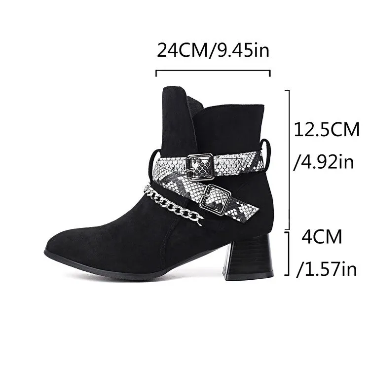 Women's Snake Pattern Chains Pointed Toe Block Heel Ankle Boots