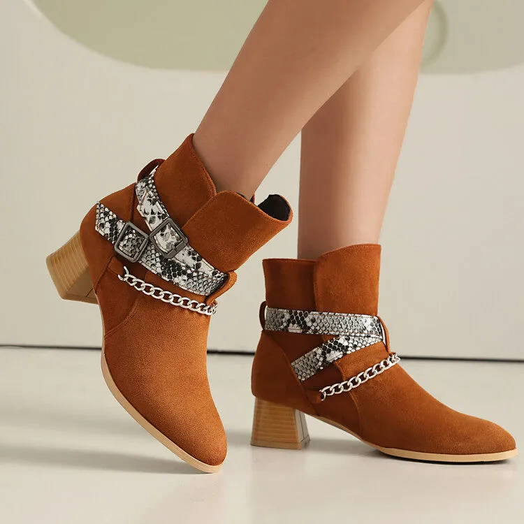 Women's Snake Pattern Chains Pointed Toe Block Heel Ankle Boots