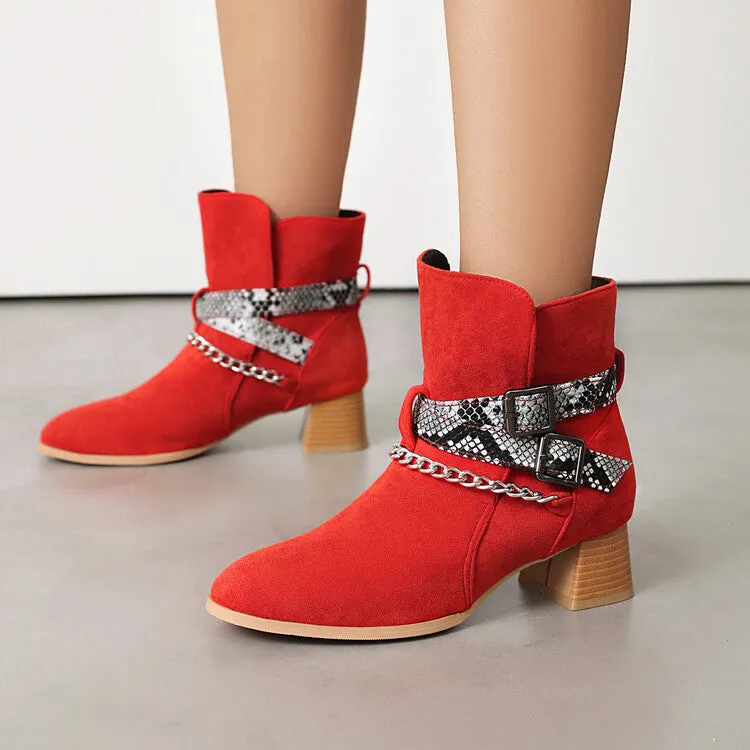 Women's Snake Pattern Chains Pointed Toe Block Heel Ankle Boots