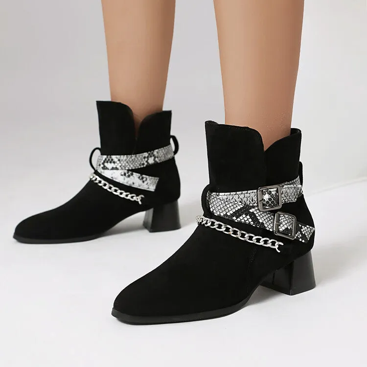 Women's Snake Pattern Chains Pointed Toe Block Heel Ankle Boots