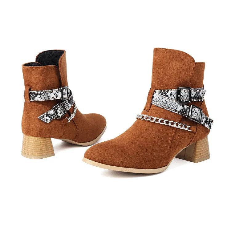 Women's Snake Pattern Chains Pointed Toe Block Heel Ankle Boots