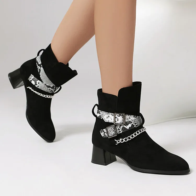 Women's Snake Pattern Chains Pointed Toe Block Heel Ankle Boots