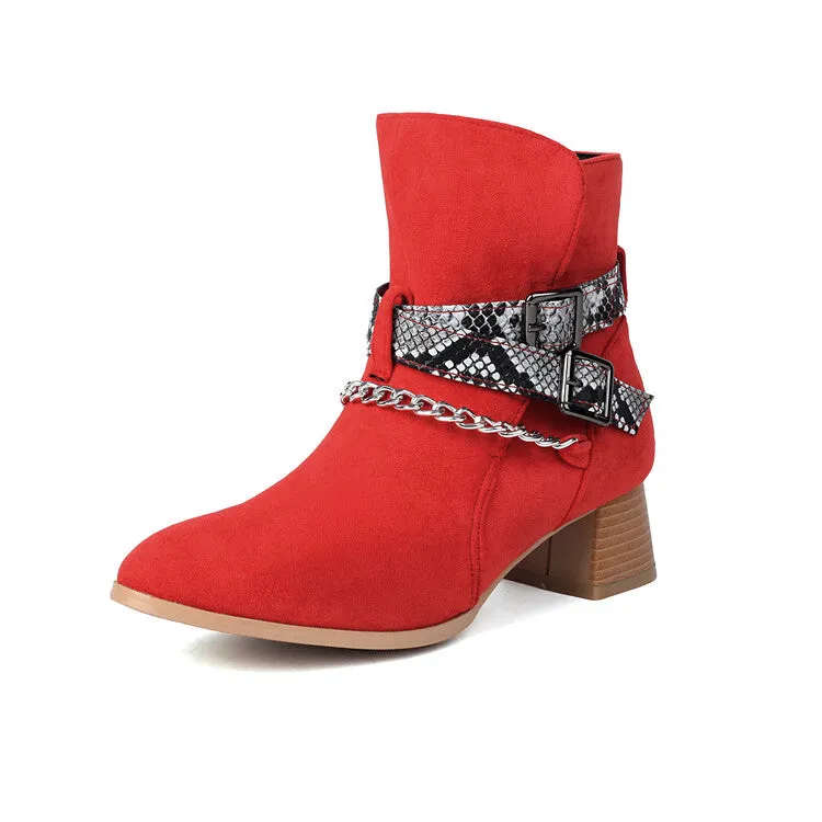 Women's Snake Pattern Chains Pointed Toe Block Heel Ankle Boots