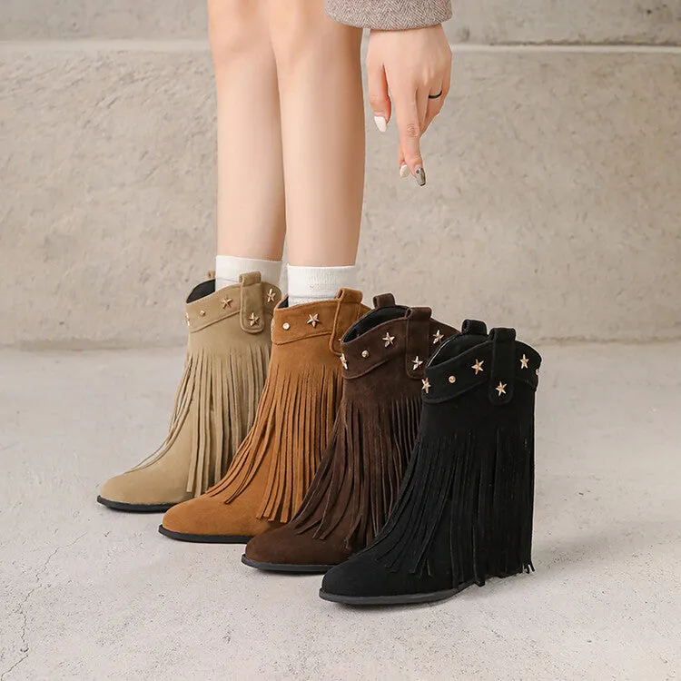 Women's Tassel Round Toe Wedge Heel Short Boots Boots