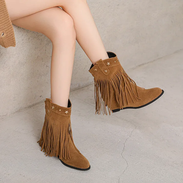 Women's Tassel Round Toe Wedge Heel Short Boots Boots