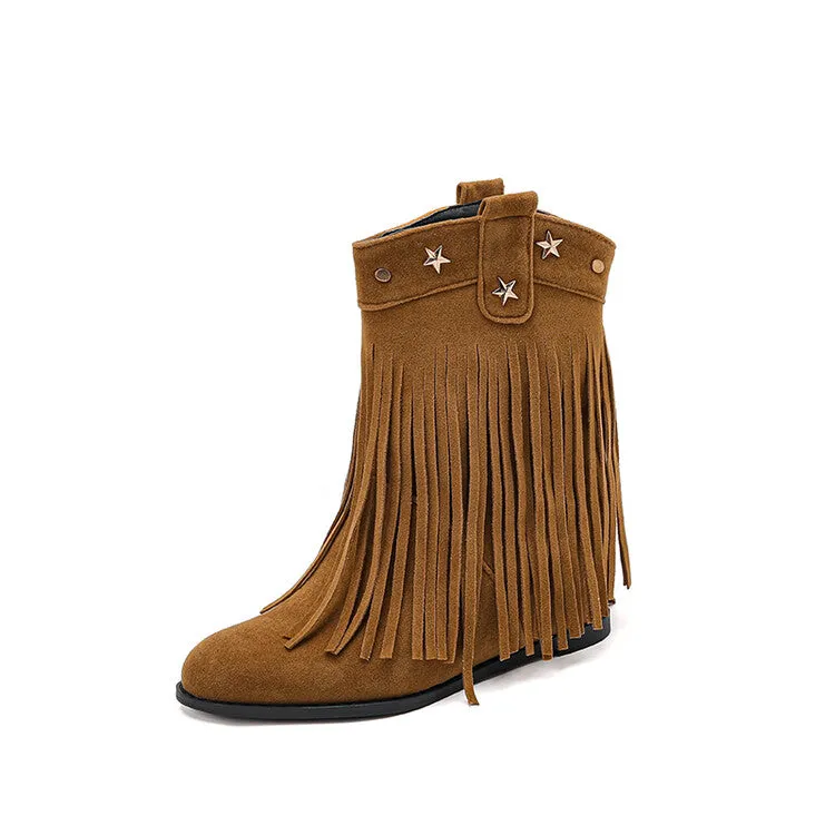 Women's Tassel Round Toe Wedge Heel Short Boots Boots