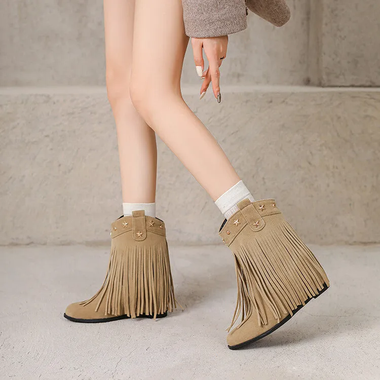 Women's Tassel Round Toe Wedge Heel Short Boots Boots