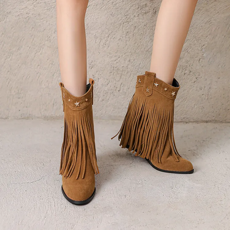 Women's Tassel Round Toe Wedge Heel Short Boots Boots