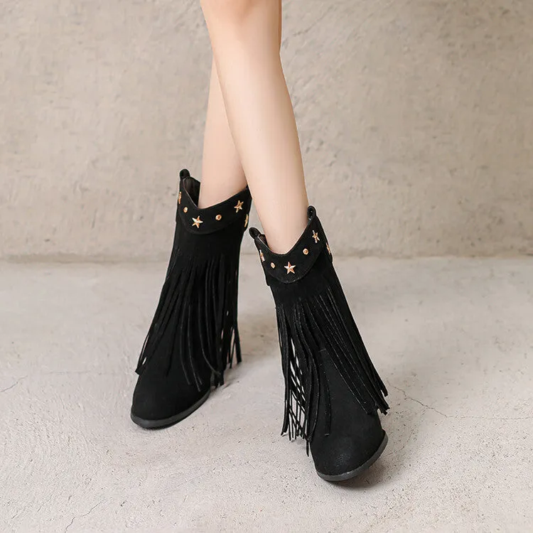 Women's Tassel Round Toe Wedge Heel Short Boots Boots