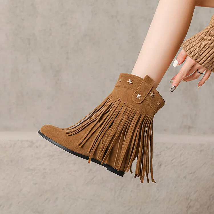 Women's Tassel Round Toe Wedge Heel Short Boots Boots