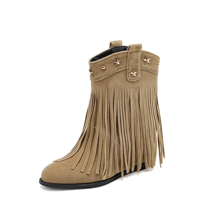 Women's Tassel Round Toe Wedge Heel Short Boots Boots