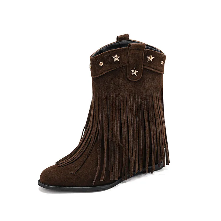 Women's Tassel Round Toe Wedge Heel Short Boots Boots