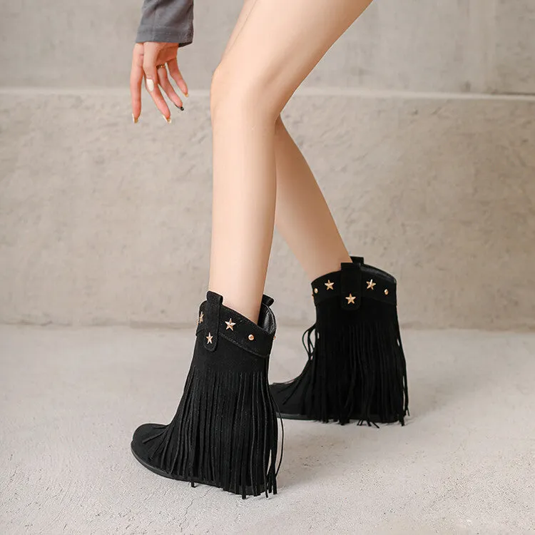 Women's Tassel Round Toe Wedge Heel Short Boots Boots