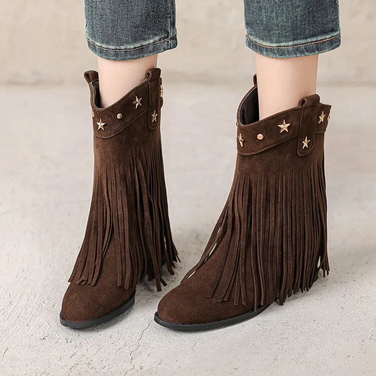 Women's Tassel Round Toe Wedge Heel Short Boots Boots