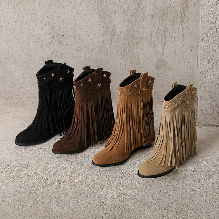 Women's Tassel Round Toe Wedge Heel Short Boots Boots