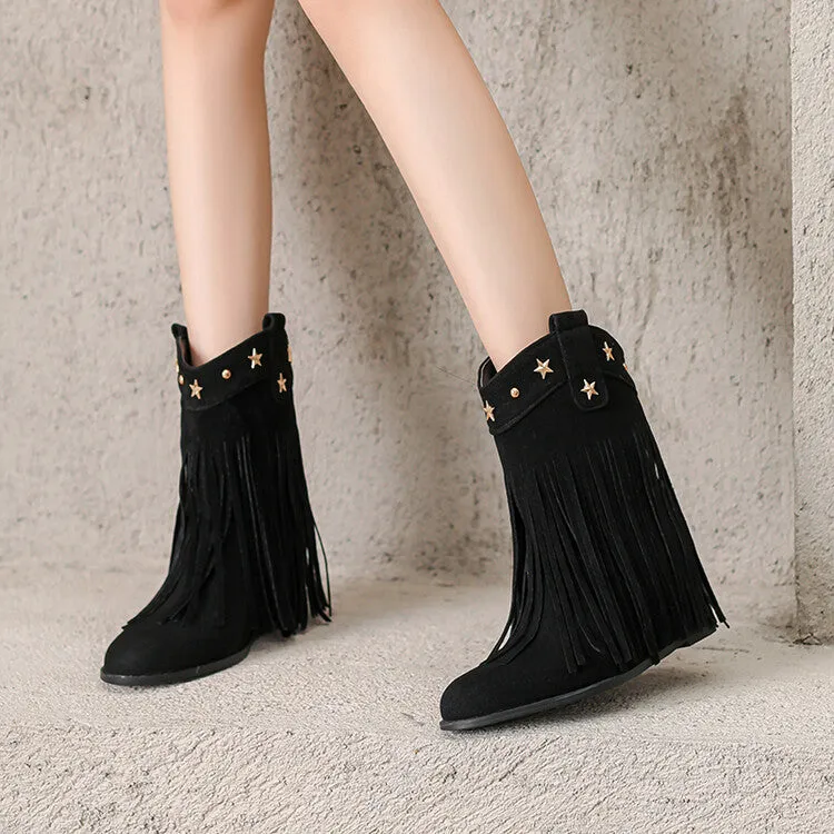 Women's Tassel Round Toe Wedge Heel Short Boots Boots