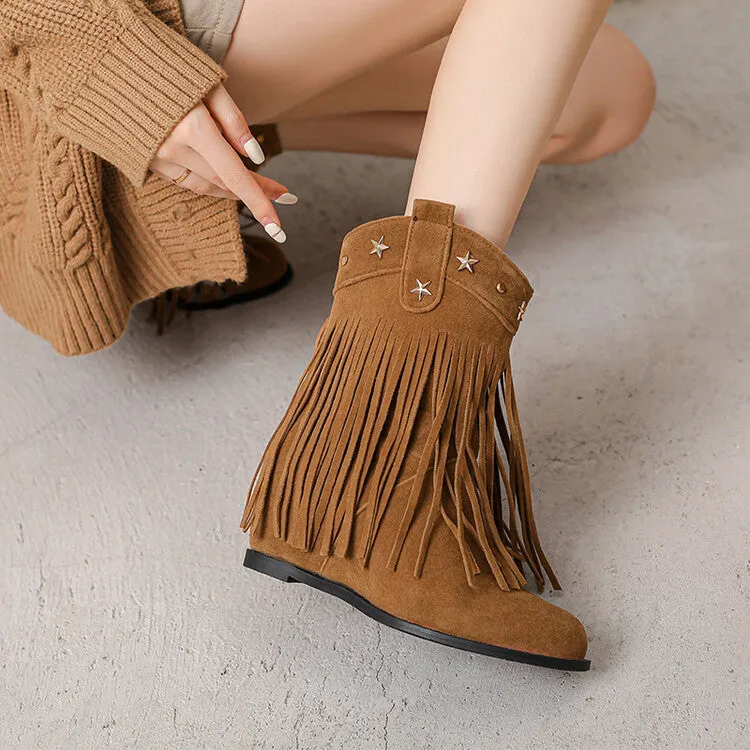 Women's Tassel Round Toe Wedge Heel Short Boots Boots