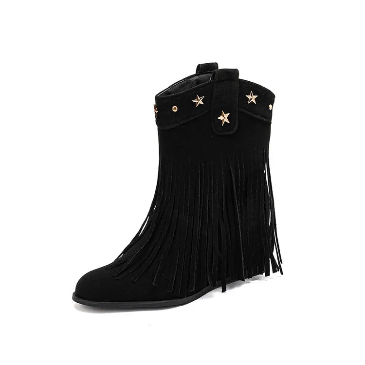 Women's Tassel Round Toe Wedge Heel Short Boots Boots