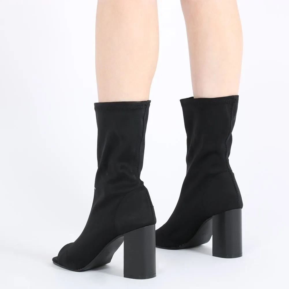 Yasmin Peeptoe Sock Fit Ankle Boots in Black Stretch