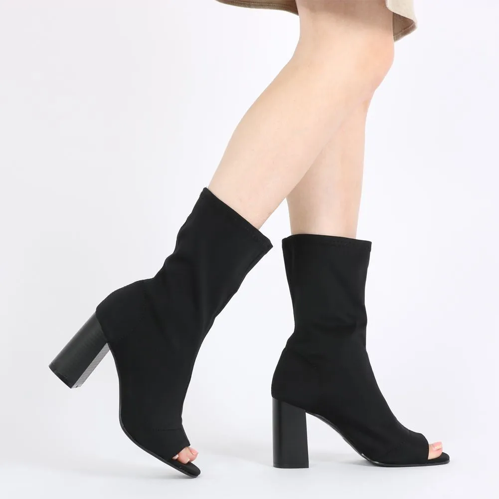 Yasmin Peeptoe Sock Fit Ankle Boots in Black Stretch